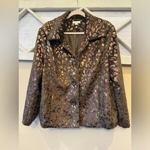 ERIN Jacket Women's Size‎ 1X Brown Logo Buttons Front & Pockets Animal Print
